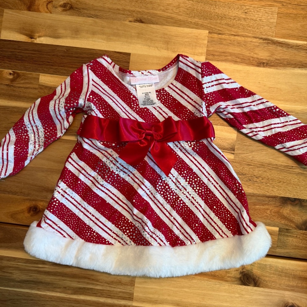 Bonnie Baby Candy Cane Christmas Dress - Size 12M
